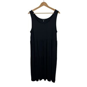Eileen Fisher Sleeveless Tiered Midi Dress Large Black Minimalist Stretch‎ Soft